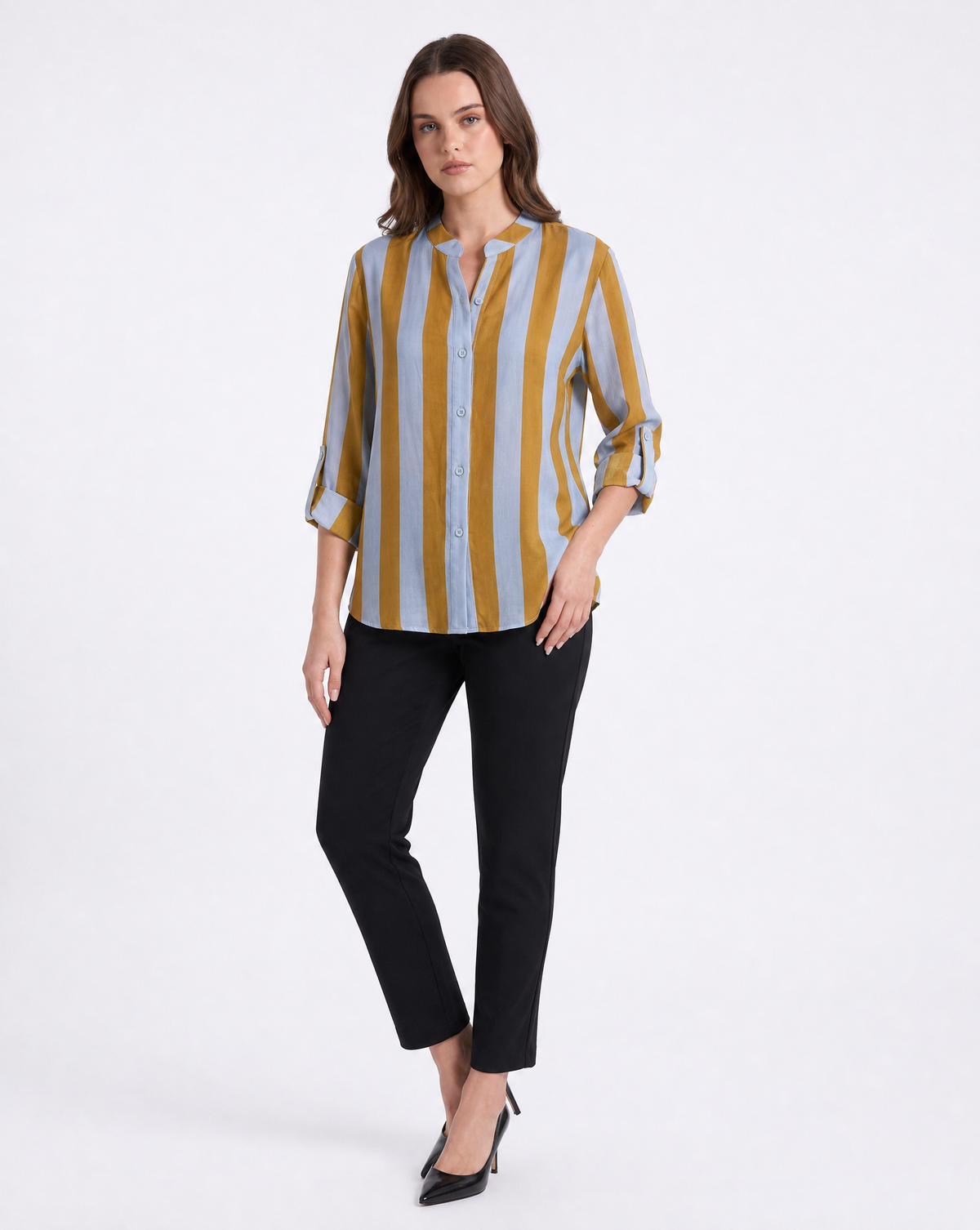 Camicia donna a righe verticali con collo alla coreana
